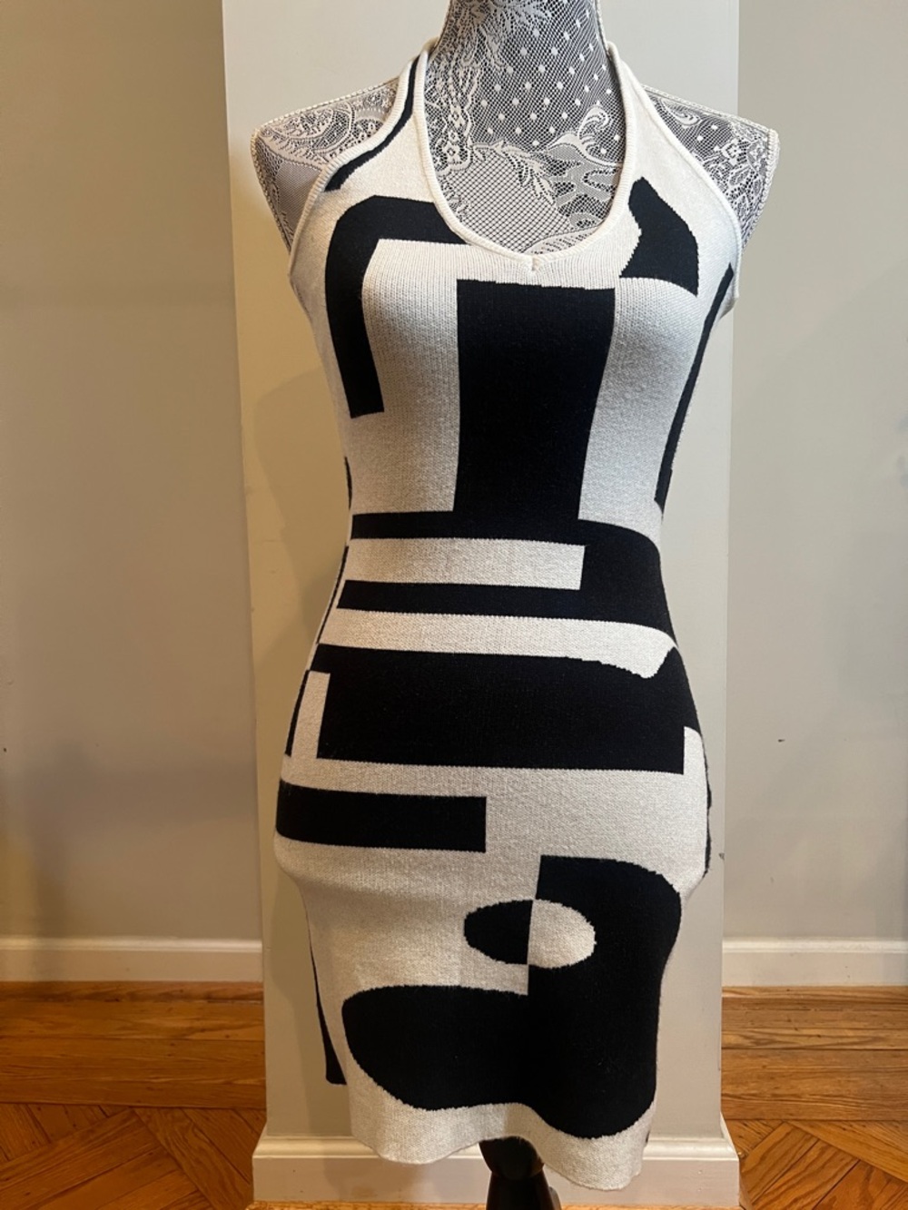 SHEIN Black & White Graphic Halter Mini Dress